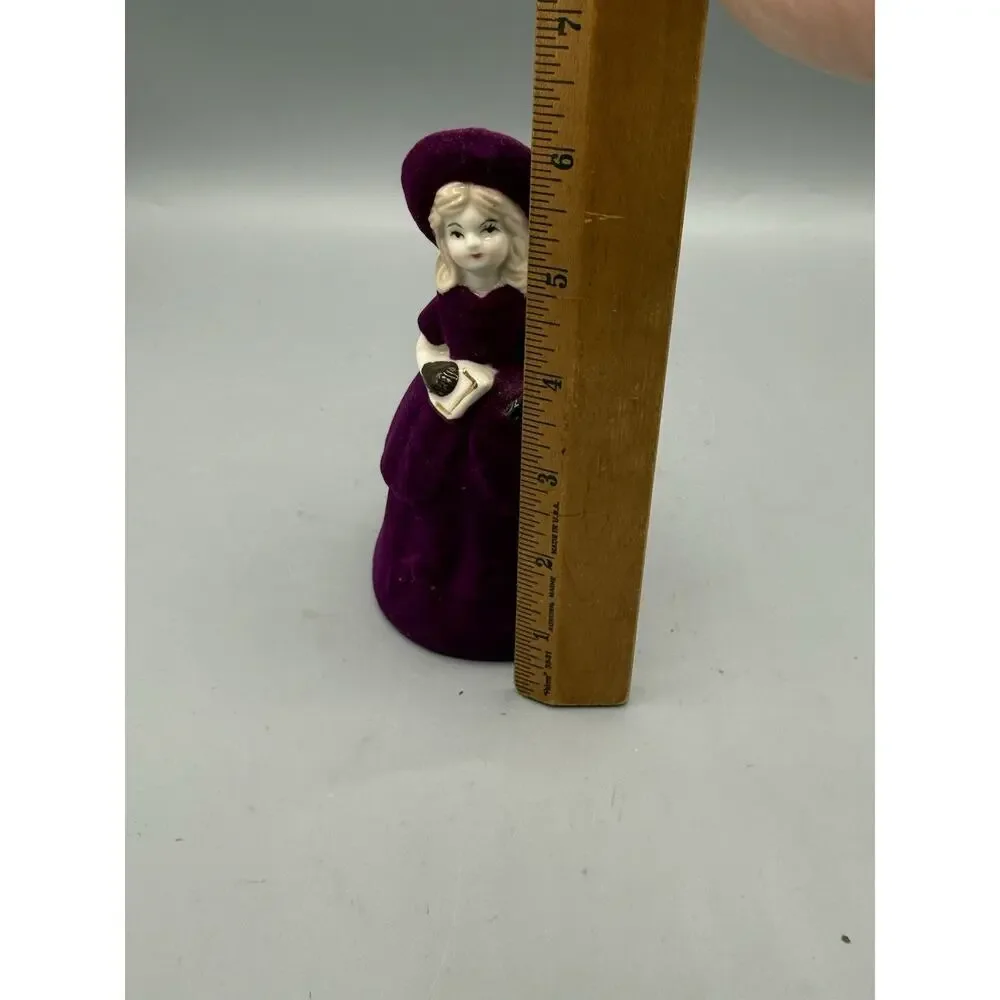 Vintage Purple Flocked Lady Bell Figurine Victorian Woman w Letter 4” - Picture 6 of 6